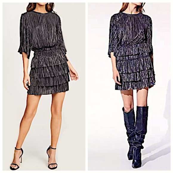 NWT IRO Paris Cuzco Tiered Metallic Plissé-Satin Mini Dress in Black/ Si… - Picture 3 of 11